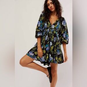 Free People Black Floral Babydoll Mini Dress Balloon Sleeve Flowy Size Small